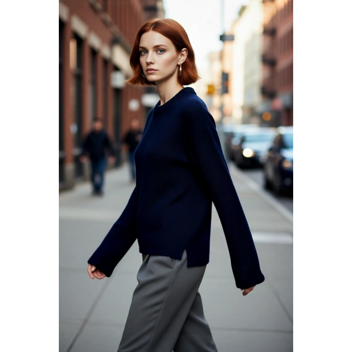 Kadın Oversize Triko Kazak Geniş İspanyol Kol Bisiklet Yaka Düz Dokulu Kışlık Basic Model Kaliteli