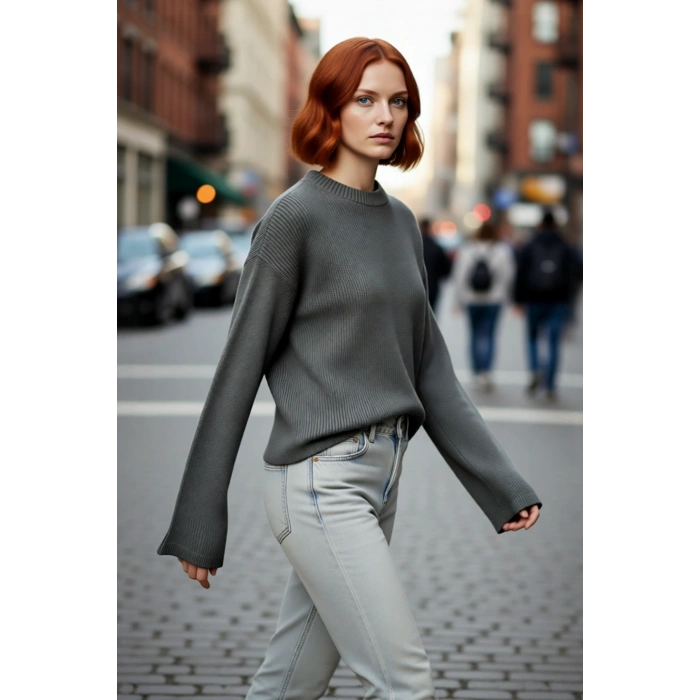 Kadın Oversize Triko Kazak Geniş İspanyol Kol Bisiklet Yaka Düz Dokulu Kışlık Basic Model Kaliteli