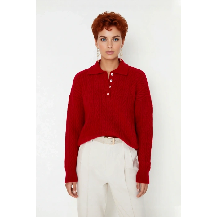 Kadın Oversize Triko Polo Yaka Saç Örgü Düşük Kollu Rahat Kışlık Basic Stil Kazak Kaliteli