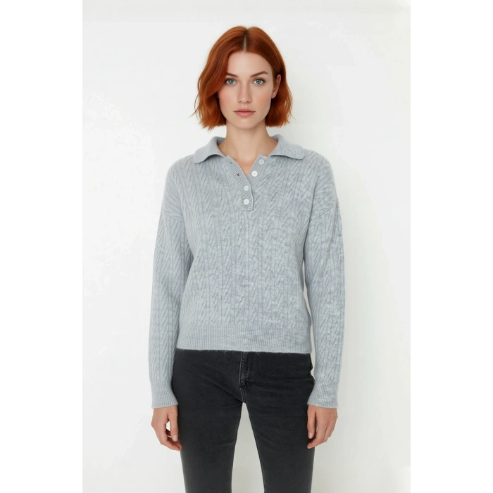 Kadın Oversize Triko Polo Yaka Saç Örgü Düşük Kollu Rahat Kışlık Basic Stil Kazak Kaliteli