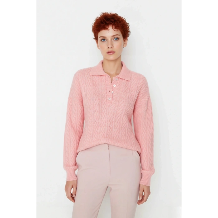 Kadın Oversize Triko Polo Yaka Saç Örgü Düşük Kollu Rahat Kışlık Basic Stil Kazak Kaliteli