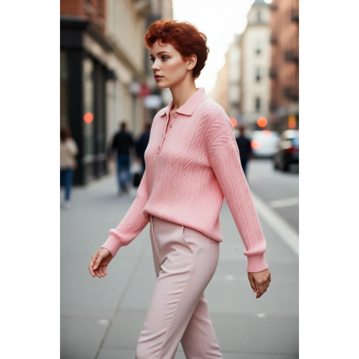 Kadın Oversize Triko Polo Yaka Saç Örgü Düşük Kollu Rahat Kışlık Basic Stil Kazak Kaliteli