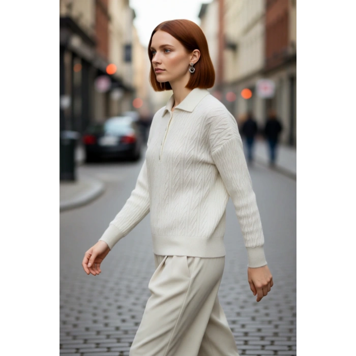 Kadın Oversize Triko Polo Yaka Saç Örgü Düşük Kollu Rahat Kışlık Basic Stil Kazak Kaliteli