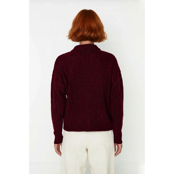 Kadın Oversize Triko Polo Yaka Saç Örgü Düşük Kollu Rahat Kışlık Basic Stil Kazak Kaliteli