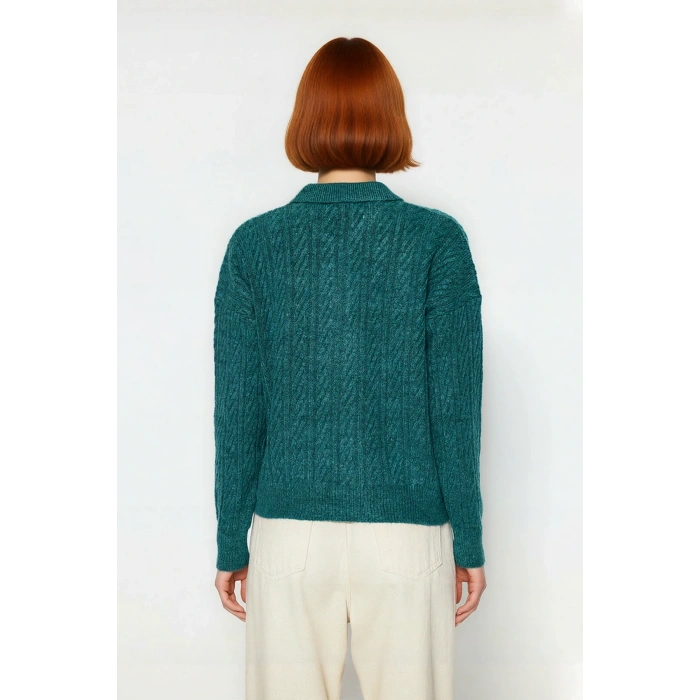 Kadın Oversize Triko Polo Yaka Saç Örgü Düşük Kollu Rahat Kışlık Basic Stil Kazak Kaliteli