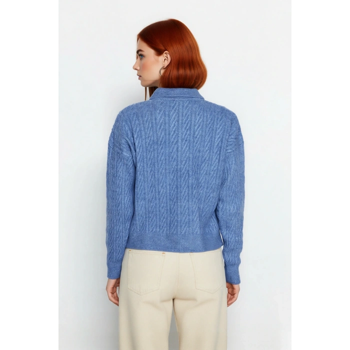 Kadın Oversize Triko Polo Yaka Saç Örgü Düşük Kollu Rahat Kışlık Basic Stil Kazak Kaliteli