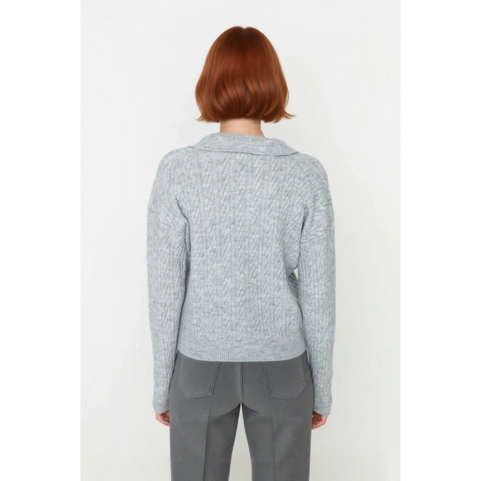 Kadın Oversize Triko Polo Yaka Saç Örgü Düşük Kollu Rahat Kışlık Basic Stil Kazak Kaliteli