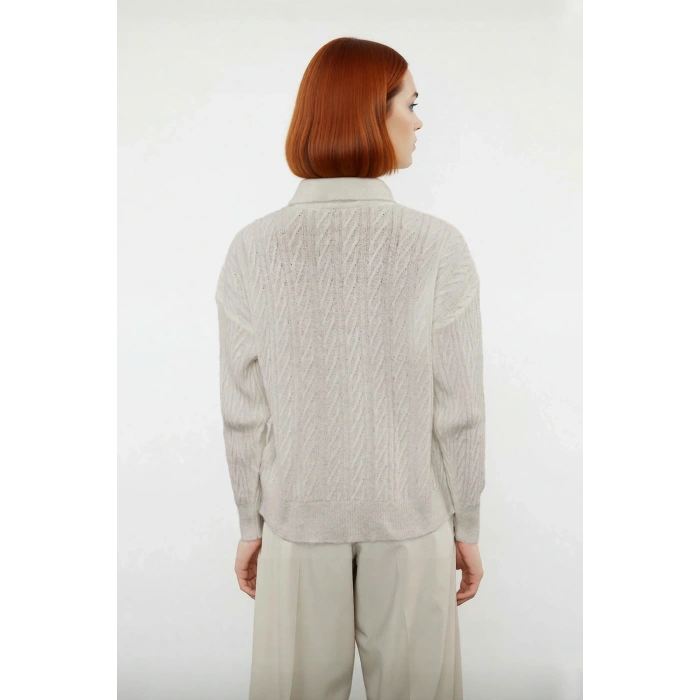 Kadın Oversize Triko Polo Yaka Saç Örgü Düşük Kollu Rahat Kışlık Basic Stil Kazak Kaliteli