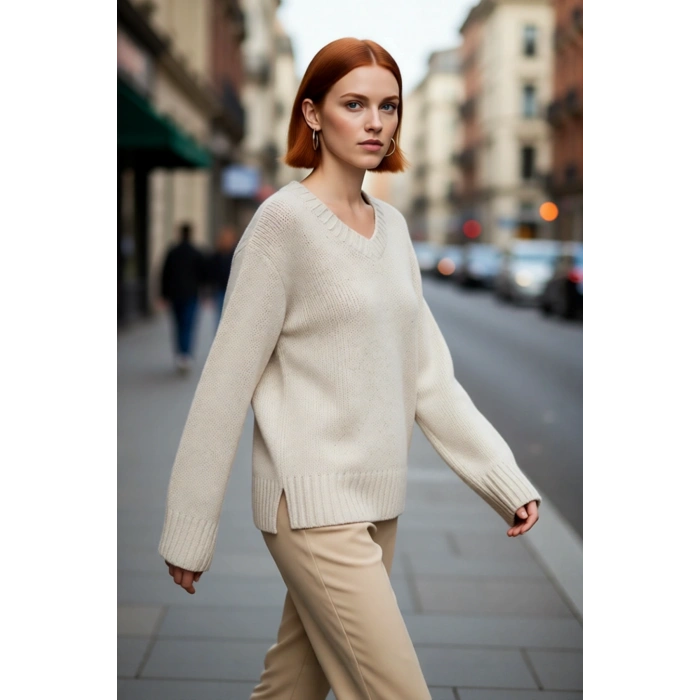 Kadın Oversize V Yaka Basic Triko Kazak Pamuk Polyester Karışımı Uzun Kollu Kışlık Rahat Stili