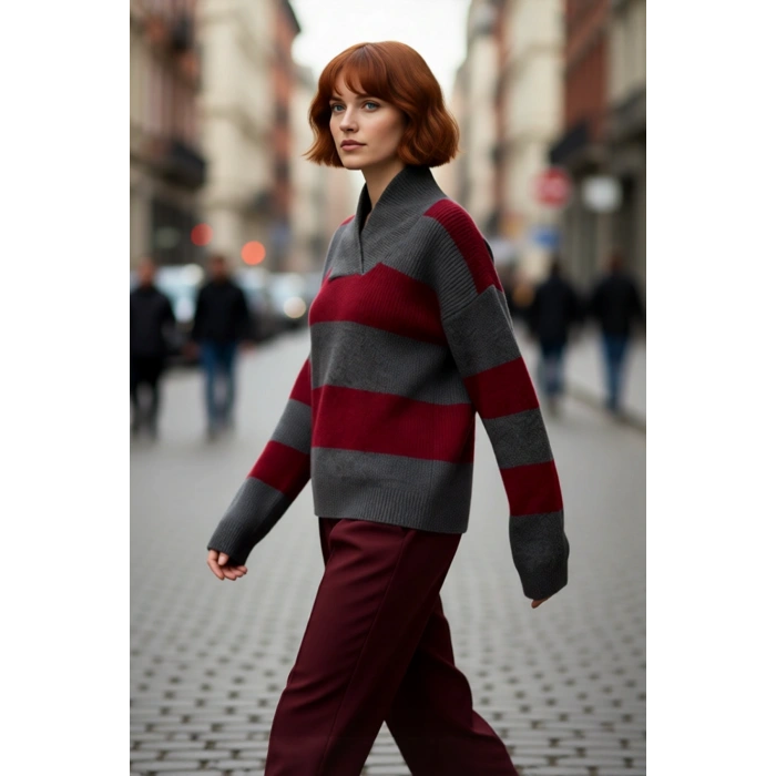 Kadın Oversize V Yaka Çizgili Düşük Kol Triko Kazak Kış Sezonu İçin Şık Ve Rahat Bir Seçim