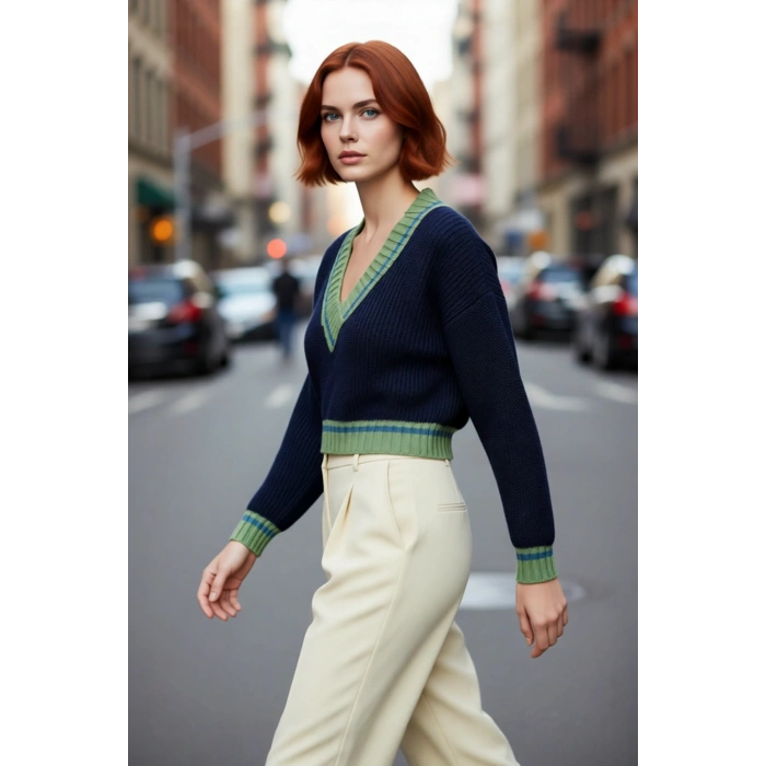 Kadın Oversize V Yaka Renk Bloklu Triko Kazak Soğuk Havalar İçin Basic Crop Uzun Kol Stil.