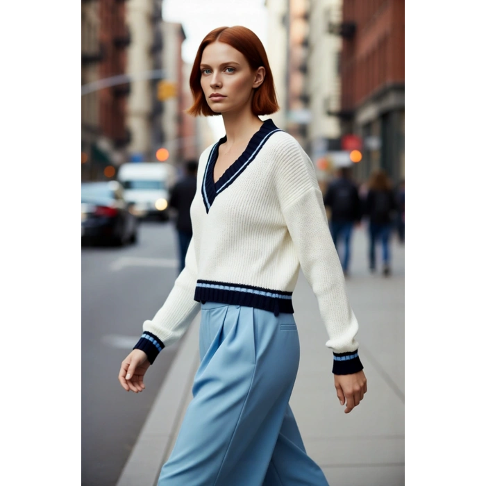 Kadın Oversize V Yaka Renk Bloklu Triko Kazak Soğuk Havalar İçin Basic Crop Uzun Kol Stil.