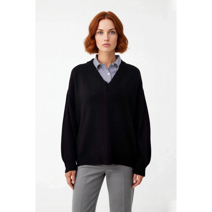 Kadın Oversize V Yaka Triko Kazak Gömlek Garnili Detaylı Sonbahar Kış Şıklığı İçin İdeal Model