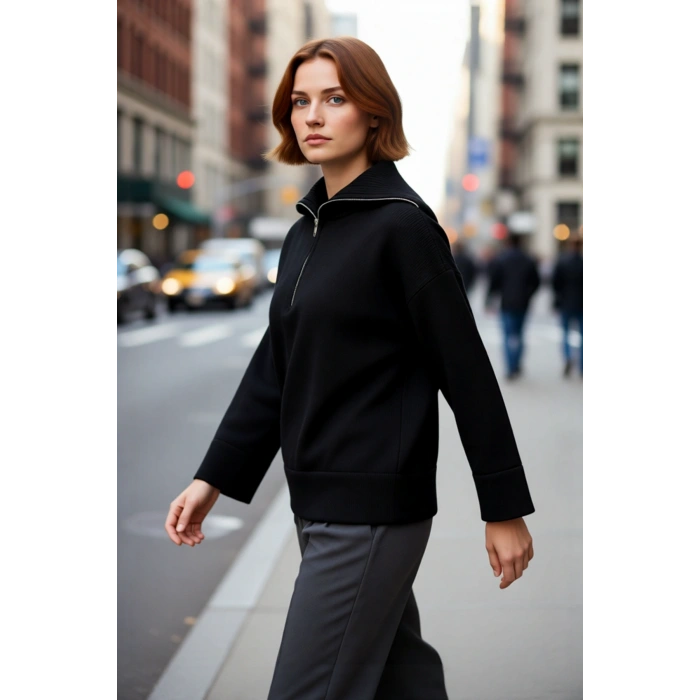 Kadın Oversize Yumuşak Dokulu Triko Kazak Dik Yaka Fermuarlı Düşük Kol Rahat Ramadan Koleksiyonu