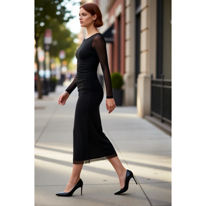 Kadın Özel Davetler İçin Agraflı Bodycon Siluet Uzun Kollu Tül Etekli Örme Maxi Elbise Kaliteli