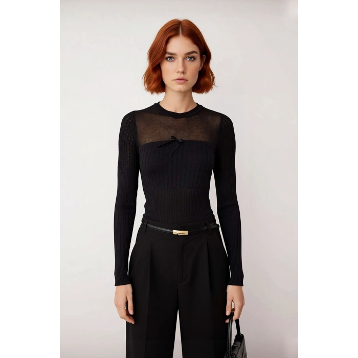 Kadın Özel İplikli Merserize Görünümlü Transparan Ajurlu Bisiklet Yaka Triko Kazak Kaliteli