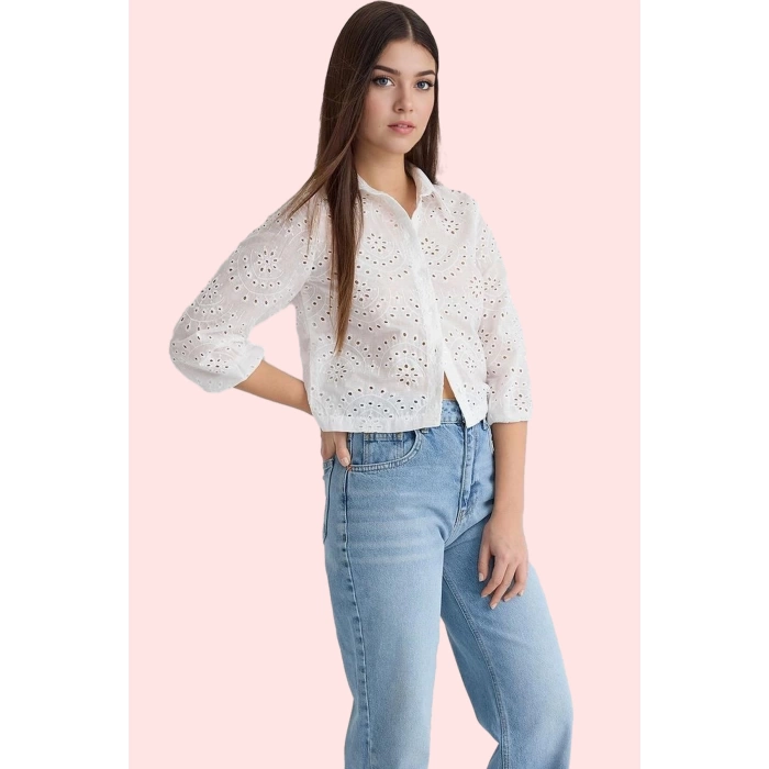Kadın Pamuk Brode Nakışlı Basic Gömlek Rahat Günlük Stil Hafta Sonu Yaz Aylarının Vazgeçilmezi