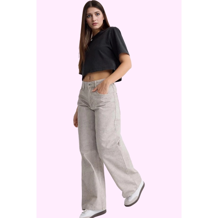 Kadın Pamuk Denim Barrel Jeans Uzun Boy Geniş Paça Çok Çizgili Günlük Ve Rahat Özel Günler