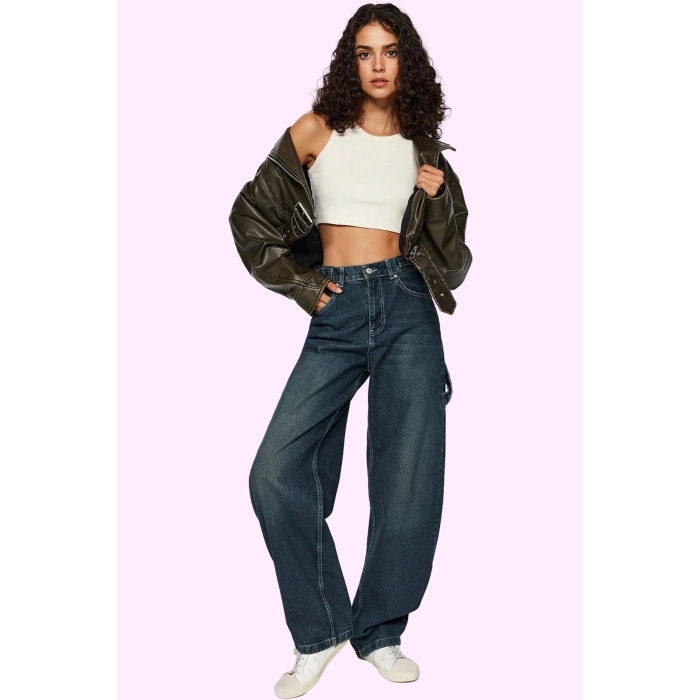 Kadın Pamuk Denim Carpenter Jean Pantolon Yüksek Bel Günlük Stil Yaz Aylarının Vazgeçilmezi