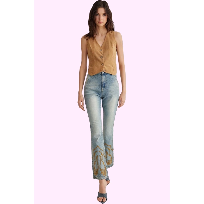 Kadın Pamuk Denim Flare Jean; Yüksek Bel Nakış Detaylı Günlük Kullanım için Modern Tasarım