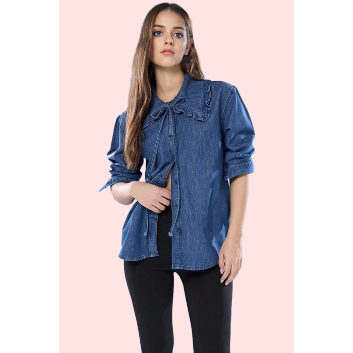 Kadın Pamuk Denim Gömlek Bebe Yaka Bağlama Detaylı Günlük Stil Hafta Sonu Kaliteli Malzeme