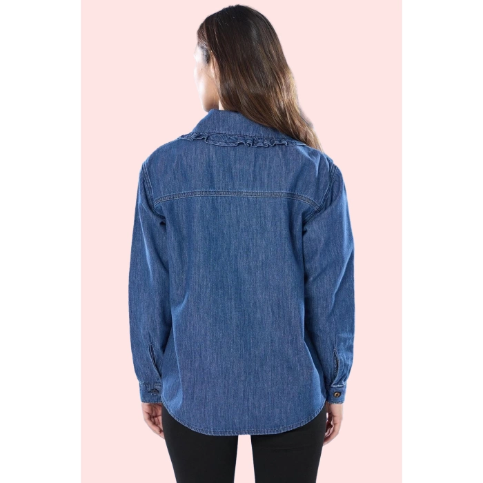 Kadın Pamuk Denim Gömlek Bebe Yaka Bağlama Detaylı Günlük Stil Hafta Sonu Kaliteli Malzeme