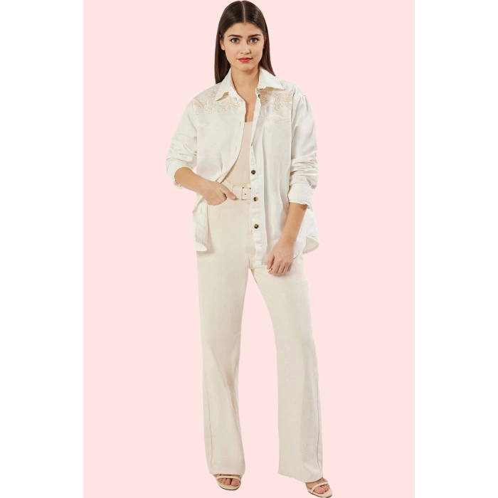 Kadın Pamuk Denim Gömlek Uzun Kollu Nakışlı Oversize Günlük Hafta Sonu Yaz Aylarının Vazgeçilmezi