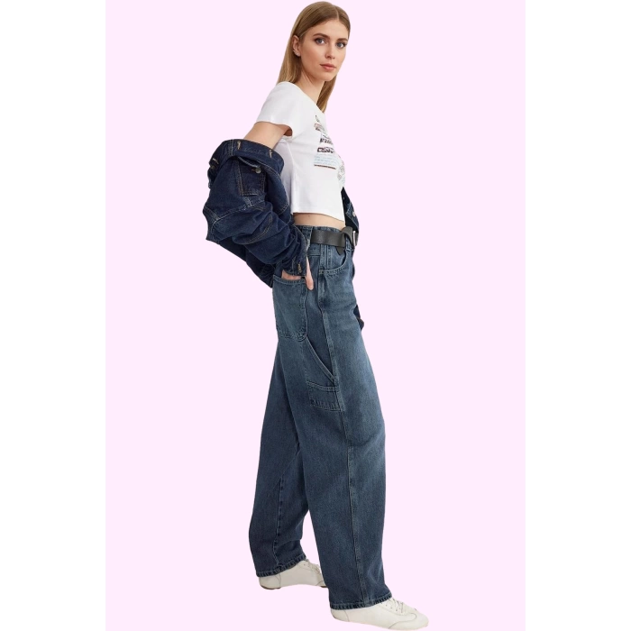 Kadın Pamuk Denim Jean Boru Paça Skater Baggy Günlük Stil Hafta Sonu Yaz Aylarının Vazgeçilmezi
