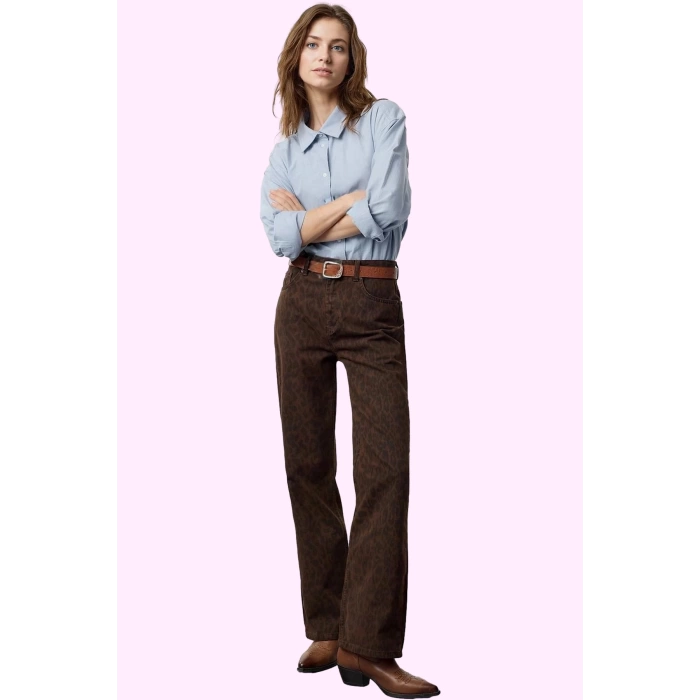 Kadın Pamuk Denim Jean; Çok Leopar Yüksek Bel Geniş Paça Günlük Şıklık Yaz Aylarının Vazgeçilmezi