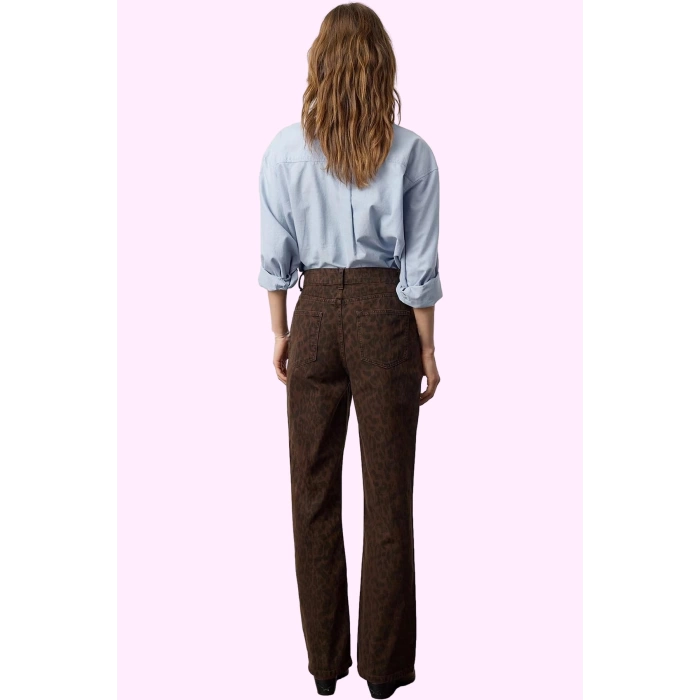 Kadın Pamuk Denim Jean; Çok Leopar Yüksek Bel Geniş Paça Günlük Şıklık Yaz Aylarının Vazgeçilmezi