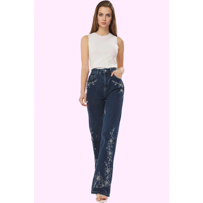 Kadın Pamuk Denim Jean Pantolon Günlük Şıklığı İçin Mükemmel Seçim Yüksek Bel Geniş Paça Hafta Sonu