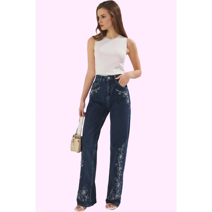 Kadın Pamuk Denim Jean Pantolon Günlük Şıklığı İçin Mükemmel Seçim Yüksek Bel Geniş Paça Hafta Sonu