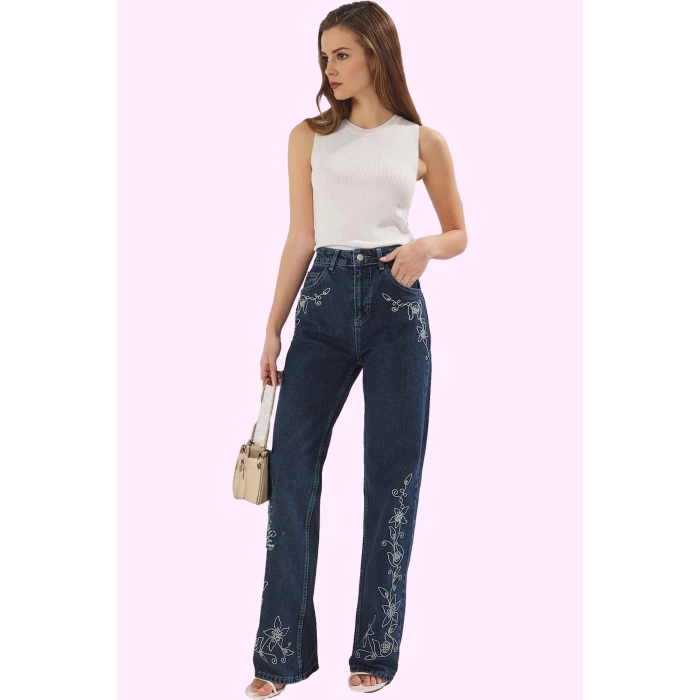 Kadın Pamuk Denim Jean Pantolon Günlük Şıklığı İçin Mükemmel Seçim Yüksek Bel Geniş Paça Hafta Sonu
