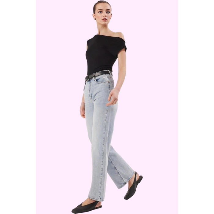 Kadın Pamuk Denim Jean Pantolon Yüksek Bel Geniş Paça Düz Desen Günlük Stil Modern Tasarım