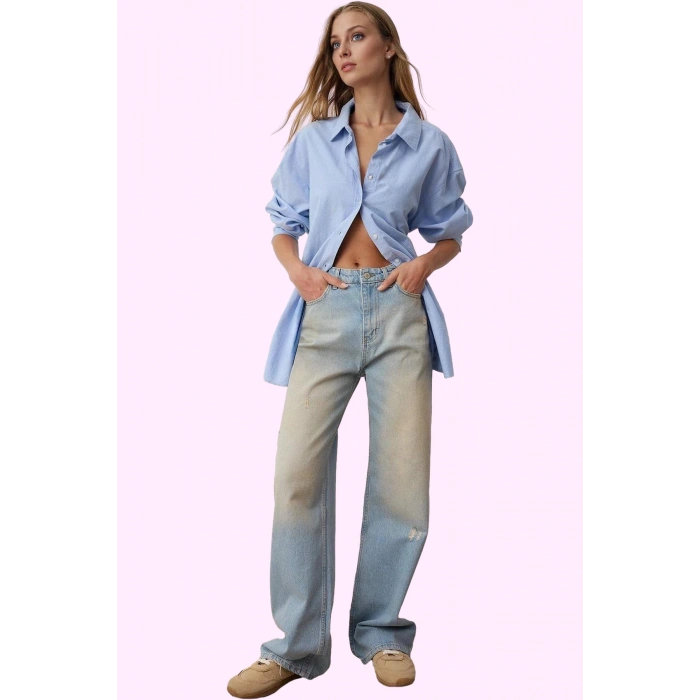 Kadın Pamuk Denim Jean Pantolon Yüksek Bel Geniş Paça Günlük Kombinler Yaz Aylarının Vazgeçilmezi