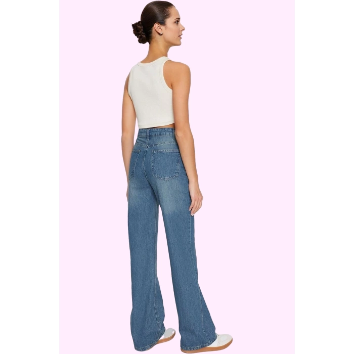 Kadın Pamuk Denim Jean Pantolon; Yüksek Bel; Geniş Paça; Günlük Stil Yaz Aylarının Vazgeçilmezi