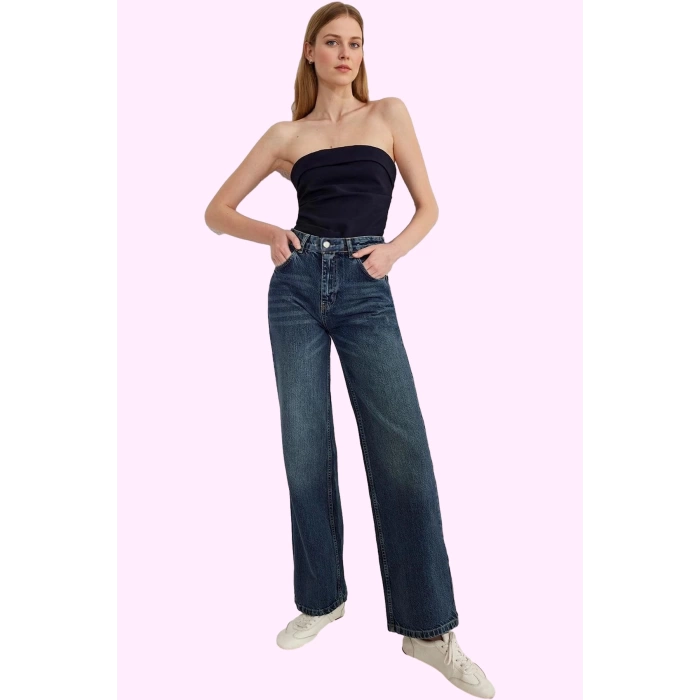 Kadın Pamuk Denim Jean Pantolon Yüksek Bel Geniş Paça Günlük Tarz Yaz Aylarının Vazgeçilmezi