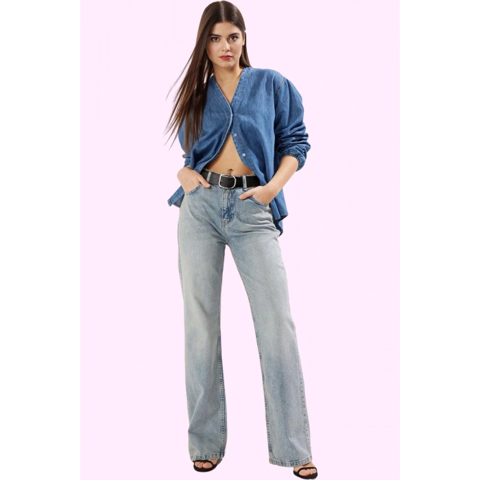 Kadın Pamuk Denim Jean Pantolon Yüksek Bel Geniş Paça Rahat Kalıp Yaz Aylarının Vazgeçilmezi