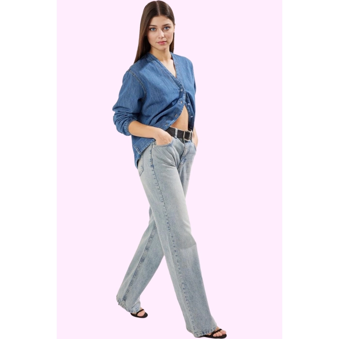 Kadın Pamuk Denim Jean Pantolon Yüksek Bel Geniş Paça Rahat Kalıp Yaz Aylarının Vazgeçilmezi