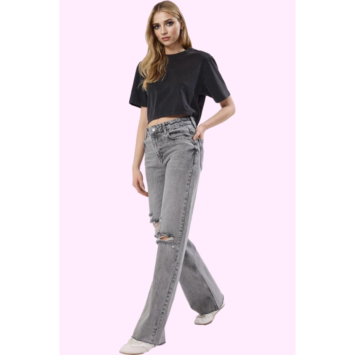 Kadın Pamuk Denim Jean Yırtık Detaylı Geniş Paça Günlük Kullanım Yaz Aylarının Vazgeçilmezi
