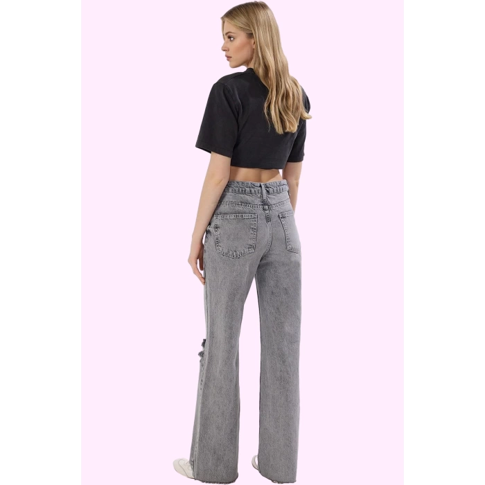 Kadın Pamuk Denim Jean Yırtık Detaylı Geniş Paça Günlük Kullanım Yaz Aylarının Vazgeçilmezi