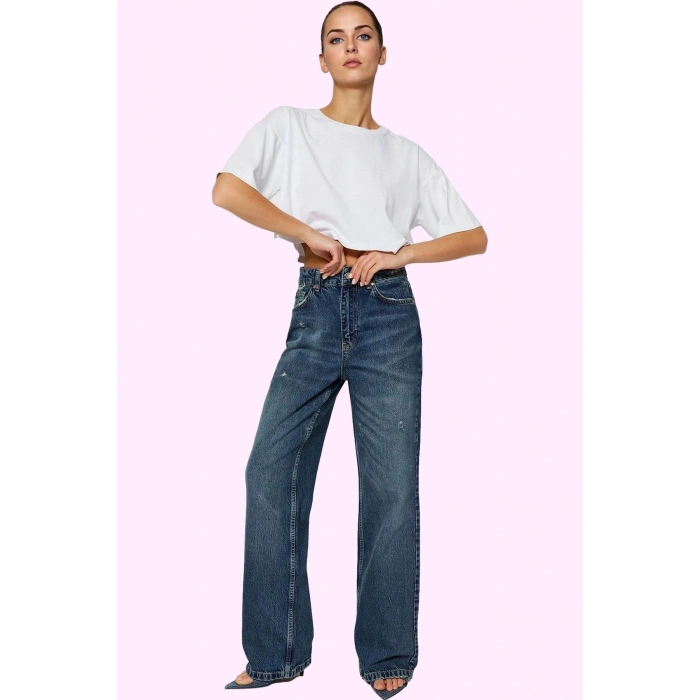 Kadın Pamuk Denim Jean Yüksek Bel Geniş Paça Günlük ve Şık Hafta Sonu Yaz Aylarının Vazgeçilmezi