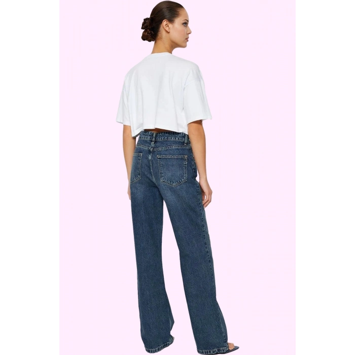 Kadın Pamuk Denim Jean Yüksek Bel Geniş Paça Günlük ve Şık Hafta Sonu Yaz Aylarının Vazgeçilmezi