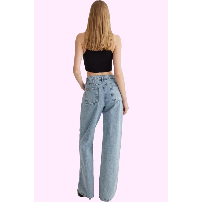 Kadın Pamuk Denim Jean; Yüksek Bel Geniş Paça Regular Boy Günlük Kullanım Kaliteli Malzeme