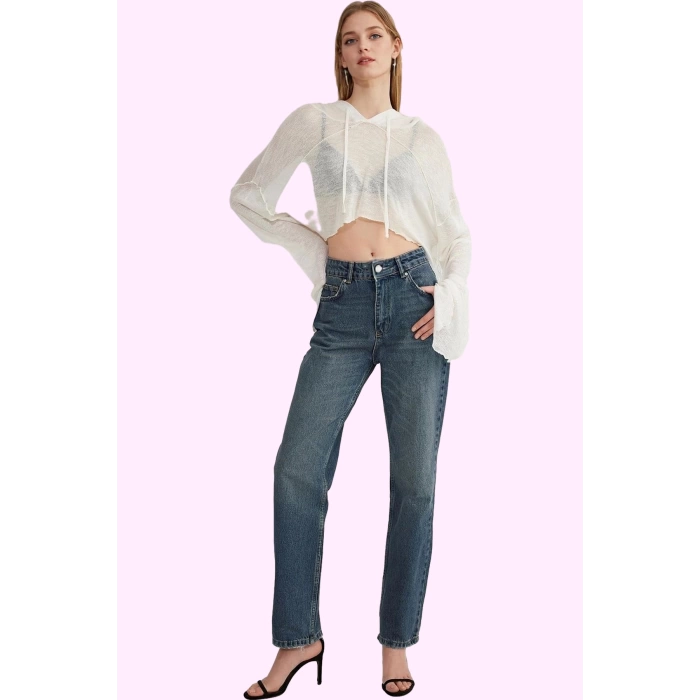 Kadın Pamuk Denim Jean; Yüksek Bel Straight Kalıp Boru Paça Günlük Kullanım Modern Tasarım