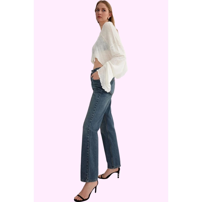 Kadın Pamuk Denim Jean; Yüksek Bel Straight Kalıp Boru Paça Günlük Kullanım Modern Tasarım