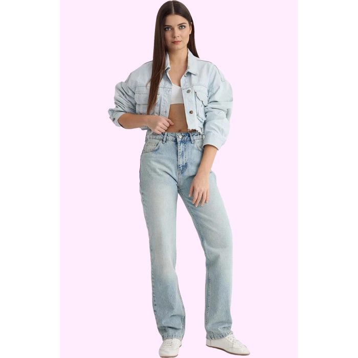 Kadın Pamuk Denim Jean; Yüksek Bel Straight Kalıp Boru Paça Günlük Kullanım Modern Tasarım