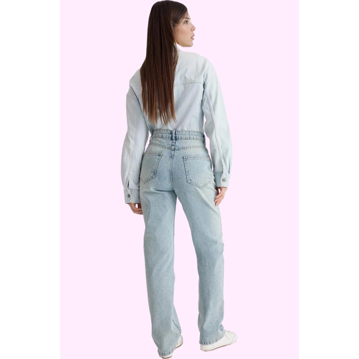 Kadın Pamuk Denim Jean; Yüksek Bel Straight Kalıp Boru Paça Günlük Kullanım Modern Tasarım