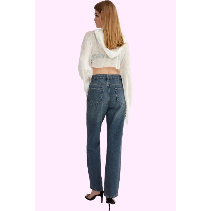 Kadın Pamuk Denim Jean; Yüksek Bel Straight Kalıp Boru Paça Günlük Kullanım Modern Tasarım