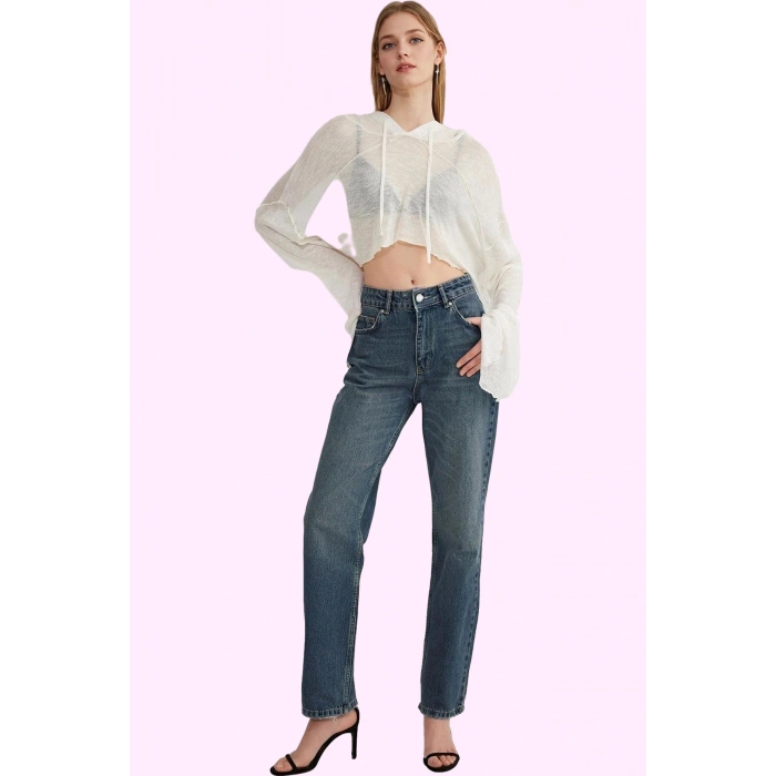 Kadın Pamuk Denim Jean; Yüksek Bel Straight Kalıp Boru Paça Günlük Kullanım Modern Tasarım